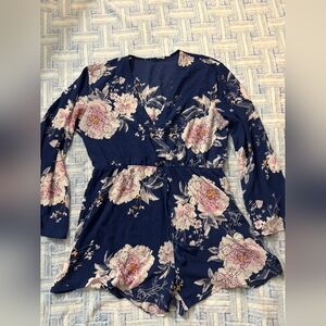 Floral Navy Romper with Pink Blooms